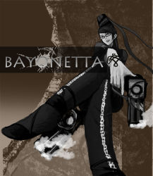 Rule 34 | bayonetta, bayonetta, bayonetta (series), black hair, glasses, gun, crossed legs, long hair, looking down, smoke, smoking gun, weapon