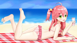 Rule 34 | 1girl, ahoge, arched back, arm support, artist request, ass, bare legs, barefoot, beach, beach towel, bell, bikini, blue sky, blurry, blurry background, breasts, commentary request, eyelashes, feet, feet up, female focus, floral bikini, floral print, floral swimsuit, frilled bikini, frilled swimsuit, frills, from side, full body, green eyes, hair bell, hair between eyes, hair ornament, hand up, highres, holding, hololive, knees together feet apart, legs, long hair, looking at viewer, lotion, lying, medium breasts, nail polish, on stomach, one side up, open mouth, outdoors, pink bikini, pink hair, pink nails, print bikini, print swimsuit, sakura miko, sakura miko (hololive summer 2019), shadow, shiny skin, side ponytail, sky, smile, soles, solo, spread toes, sunscreen, swimsuit, tamagotozi3420, thighs, toenail polish, toenails, toes, towel, virtual youtuber, x hair ornament