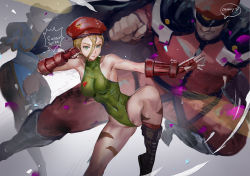 Rule 34 | 1boy, 2girls, battle, beret, blonde hair, blue eyes, boots, braid, breasts, cammy white, canking, capcom, cape, china dress, chinese clothes, chun-li, clenched hand, combat boots, covered navel, dress, fighting stance, fingerless gloves, gloves, hair between eyes, hat, incoming attack, incoming punch, leotard, m. bison, medium breasts, multiple girls, pantyhose, peaked cap, punching, size difference, standing, standing on one leg, street fighter, twin braids
