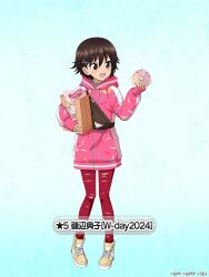 Rule 34 | 1girl, bag, bird, blue background, brown eyes, brown footwear, brown hair, brown pantyhose, candy print, character name, coat, commentary request, doughnut, drawstring, duck, emblem, fanny pack, food, full body, girls und panzer, girls und panzer senshadou daisakusen!, hair ornament, hairclip, holding, holding bag, holding food, hood, hood down, hooded coat, isobe noriko, long sleeves, looking to the side, official alternate costume, official art, open mouth, pantyhose, paper bag, pink coat, print coat, shoes, short hair, smile, solo, star (symbol), torn clothes, torn pantyhose, translated, watermark