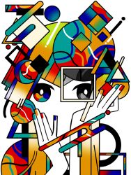 Rule 34 | 1girl, abstract, colored skin, colorful, egasumi, hands on own face, hands up, long hair, looking at viewer, machigami yoh, multicolored eyes, multicolored hair, multicolored nails, nail polish, no mouth, no nose, original, portrait, simple background, solo, straight-on, white background, white skin