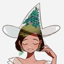 Rule 34 | 1girl, bare shoulders, bob cut, closed eyes, flower, green hair, hand up, hat, kisaragi yuu (fallen sky), leaf, original, parted lips, plant, portrait, short hair, signature, simple background, smile, solo, transparent headwear, white background, white flower, witch hat