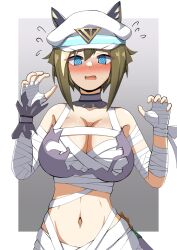 Rule 34 | 1girl, @ @, alternate costume, animal ears, bandages, blue eyes, breasts, brown hair, cheval grand (umamusume), cleavage, collarbone, commentary request, cosplay, embarrassed, flying sweatdrops, hair between eyes, halloween costume, hat, highres, horse ears, horse girl, ishitsuma canon, looking at viewer, medium breasts, mummy costume, navel, simple background, solo, super creek (chiffon ribbon mummy) (umamusume), super creek (umamusume), umamusume, white background