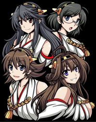 Rule 34 | 10s, 4girls, :o, bare shoulders, black background, blue eyes, breasts, detached sleeves, grin, hairband, haruna (kancolle), headgear, hiei (kancolle), kantai collection, kirishima (kancolle), kongou (kancolle), large breasts, looking at viewer, macaroni and cheese (artist), multiple girls, nontraditional miko, siblings, sisters, smile, upper body