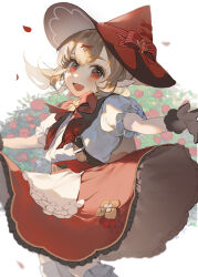 Rule 34 | 1girl, :d, apron, black gloves, blonde hair, blurry, bow, bowtie, brooch, bush, clover brooch, clover hair ornament, commentary, depth of field, falling petals, feet out of frame, flower, frilled sleeves, frills, genshin impact, gloves, hair ornament, hat, hat bow, highres, jewelry, klee (blossoming starlight) (genshin impact), klee (genshin impact), light blush, looking at viewer, medium hair, open mouth, outstretched arms, petals, pointy ears, poscorn617, puffy short sleeves, puffy sleeves, red bow, red bowtie, red eyes, red flower, red hat, red petals, red rose, red skirt, rose, rose bush, shirt, short sleeves, skirt, smile, solo, spinning, striped bow, vision (genshin impact), waist apron, white apron, white background, white shirt, witch hat
