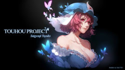 Rule 34 | 1girl, bare shoulders, blue dress, breasts, bug, butterfly, character name, cleavage, darkness, dress, female focus, glowing, glowing butterfly, hat, highres, bug, large breasts, mob cap, off shoulder, pink eyes, pink hair, saigyouji yuyuko, short hair, sola7764, solo, touhou, triangular headpiece, upper body, veil