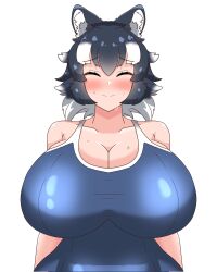 Rule 34 | 0abrams0, 1girl, animal ears, bare shoulders, black hair, blue one-piece swimsuit, blush, breasts, cleavage, closed eyes, collarbone, curvy, dot nose, eyelashes, facing viewer, female focus, grey wolf (kemono friends), highres, huge breasts, kemono friends, multicolored hair, one-piece swimsuit, short hair, smile, solo, standing, swimsuit, taut clothes, taut swimsuit, two-tone hair, upper body, wet, white background, white hair, wide hips, wolf ears, wolf girl
