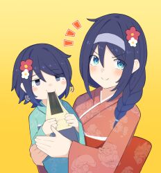 Rule 34 | 2girls, blue kimono, carrying, carrying person, child, eating, floral print, flower, food, hair flower, hair ornament, happy, highres, japanese clothes, kimono, kyutai x, mochi, mother and daughter, multiple girls, original, print kimono, red kimono, short hair, smile