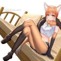 Rule 34 | 1girl, animal ear fluff, animal ears, black shorts, bow, bowtie, brown footwear, brown hair, closed mouth, couch, cropped shirt, crossed legs, cutoffs, dutch angle, elbow gloves, fang, fang out, footwear bow, full body, fur collar, gloves, hand rest, hand up, highres, kemono friends, knees up, legs, long hair, long legs, looking at viewer, maned wolf (kemono friends), midriff, multicolored clothes, multicolored gloves, multicolored hair, multicolored pantyhose, nijiiro (graynbow wolf), on couch, orange bow, orange bowtie, orange eyes, orange hair, pantyhose, shirt, shoes, short shorts, shorts, simple background, sitting, skin fang, sleeveless, sleeveless shirt, smile, solo, stomach, tail, twintails, twitter username, white background, white hair, wolf ears, wolf girl, wolf tail