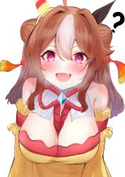Rule 34 | 1girl, ?, absurdres, animal ears, blush, breasts, brown hair, cleavage, commentary request, copano rickey (umamusume), detached sleeves, fang, hair between eyes, highres, horse ears, horse girl, looking at viewer, medium breasts, meika (gtwgtpkai), open mouth, purple eyes, simple background, solo, sweat, umamusume, white background