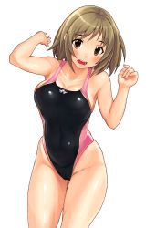 Rule 34 | 10s, 1girl, blush, breasts, brown eyes, brown hair, cameltoe, cleavage, collarbone, competition swimsuit, covered navel, female focus, groin, highleg, highleg swimsuit, highres, idolmaster, idolmaster cinderella girls, kabocha head, large breasts, looking at viewer, mimura kanako, one-piece swimsuit, open mouth, short hair, solo, swimsuit, thighs