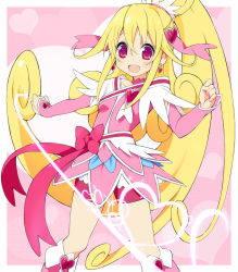 Rule 34 | 1girl, :d, aida mana, bike shorts, blonde hair, brooch, clenched hand, clenched hands, cure heart, detached sleeves, dokidoki! precure, hair ornament, heart, heart brooch, heart hair ornament, long hair, md5 mismatch, open mouth, pink eyes, precure, smile, solo, wara (warapro)