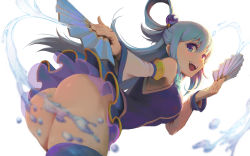 Rule 34 | 10s, 1girl, aqua (konosuba), ass, bare shoulders, blue eyes, blue hair, convenient censoring, detached sleeves, hand fan, folding fan, from behind, hair ornament, hair rings, highres, kono subarashii sekai ni shukufuku wo!, leaning forward, long hair, looking at viewer, looking back, no panties, open mouth, simple background, skirt, smile, solo, thighhighs, tienao, very long hair, water, white background