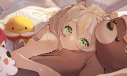 Rule 34 | 1girl, agnamore, animal ear fluff, animal ears, bad id, bad pixiv id, bare arms, bare shoulders, blonde hair, blush, brown hair, camisole, closed mouth, green eyes, hair between eyes, highres, looking at viewer, lying, multicolored hair, on stomach, original, smile, solo, strap slip, streaked hair, stuffed animal, stuffed toy, teddy bear, white camisole