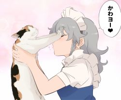 Rule 34 | 1girl, animal, braid, calico, cat, closed eyes, commentary request, from side, goutokuji mike, goutokuji mike (cat), holding, holding animal, holding cat, izayoi sakuya, long hair, maid, maid headdress, pink background, profile, puffy short sleeves, puffy sleeves, pushing away, shirt, short sleeves, shundou heishirou, silver hair, solo, touhou, translation request, unconnected marketeers, upper body, white shirt