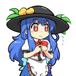 Rule 34 | 1girl, :&gt;, arms up, black hat, blue hair, blue skirt, blush stickers, bright pupils, chibi, commentary, fingers together, flying sweatdrops, food, fruit, hat, hinanawi tenshi, leaf, long hair, looking away, peach, puffy short sleeves, puffy sleeves, rakkidei, red eyes, red neckwear, red ribbon, ribbon, shirt, short sleeves, simple background, skirt, solo, standing, symbol-only commentary, touhou, upper body, very long hair, white background, white shirt