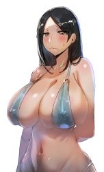 Rule 34 | 1girl, arms behind back, bijin onna joushi takizawa-san, bikini, black hair, bow (bhp), breasts, brown eyes, cleavage, commentary request, cowboy shot, curvy, embarrassed, huge breasts, long hair, looking at viewer, mature female, mole, mole under mouth, navel, parted hair, simple background, solo, sweat, swimsuit, takizawa kyouko