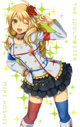 Rule 34 | 1girl, ;d, bad id, bad pixiv id, blonde hair, character name, copyright name, flower, green eyes, hair flower, hair ornament, hand on own hip, hoshii miki, idolmaster, idolmaster (classic), idolmaster movie, kiiroink, leaning forward, one eye closed, open mouth, pleated skirt, rose, skirt, smile, solo, thighhighs, v, wink, zettai ryouiki
