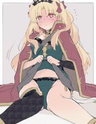 Rule 34 | 1girl, azumi (myameco), black panties, black thighhighs, blonde hair, cape, closed mouth, clothes lift, dress, dress lift, ereshkigal (fate), fate/grand order, fate (series), hair ribbon, lifted by self, long hair, panties, red cape, red eyes, red ribbon, ribbon, single thighhigh, sitting, solo, thighhighs, tiara, underwear