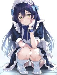 Rule 34 | 1girl, alternate costume, apron, black dress, blue bow, blue bowtie, blue hair, blush, boots, borgbutler, bow, bowtie, commentary, dress, enmaided, full body, hair between eyes, hand on own face, highres, long hair, looking at viewer, love live!, love live! school idol project, maid, maid apron, maid headdress, panties, pantyshot, puffy sleeves, sile, smile, solo, sonoda umi, squatting, underwear, very long hair, white background, white footwear, white panties, wrist cuffs, yellow eyes