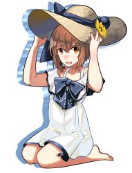 Rule 34 | 1girl, anchor, anchor symbol, barefoot, blue bow, blush, bow, brown eyes, brown hair, dress, flower, full body, hat, kantai collection, official alternate costume, open mouth, outline, sagamiso, short hair, simple background, sitting, solo, speaking tube headset, sun hat, sundress, twitter username, yellow flower, yukikaze (kancolle)