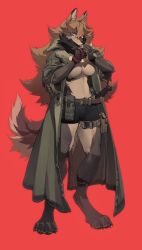 Rule 34 | 1girl, animal ears, animal nose, belt, bike shorts, blue eyes, breasts, brown hair, cigarette, commentary, english commentary, fingerless gloves, full body, furry, furry female, gloves, green jacket, highres, holding, holding lighter, jacket, knifedragon, large breasts, lighter, long hair, looking at viewer, open clothes, open jacket, original, red background, red gloves, simple background, smoking, snout, solo, standing, tail, werewolf