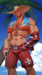 Rule 34 | 1boy, abs, absurdres, bara, beach, beard, belt, biceps, blonde hair, bracelet, bulge, cassidy (overwatch), cloud, cloudy sky, day, facial hair, gun, hairy, hat, highres, jewelry, looking at viewer, male focus, male swimwear, male swimwear writing, manly, mature male, mechanical arms, muscular, muscular male, navel, navel hair, no shirt, outdoors, overwatch, palm tree, pectorals, raised eyebrows, red male swimwear, red swim trunks, short hair, shorts, single mechanical arm, sky, solo, straw hat, swim trunks, swim trunks writing, swimsuit, swimsuit writing, thick arms, thick eyebrows, towel, towel around neck, tree, weapon, whistle, whistle around neck, yanxijun