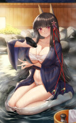 Rule 34 | 1girl, absurdres, akagi (warship girls r), black hair, blunt bangs, breasts, budget sarashi, cang se ye hua, collarbone, fox shadow puppet, headgear, highres, japanese clothes, kimono, large breasts, long hair, navel, night, night sky, onsen, open clothes, open kimono, outdoors, partially submerged, pouring, pouring onto self, red eyes, sarashi, sidelocks, sitting, sky, solo, star (sky), very long hair, wariza, warship girls r