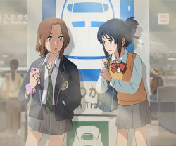 Rule 34 | 10s, 2girls, absurdres, aged down, bag, black hair, blurry, brown eyes, brown hair, commentary request, depth of field, green necktie, hair ribbon, hand in pocket, heizou (hezo3361), highres, holding, holding phone, kimi no na wa., long sleeves, miyamizu mitsuha, multiple girls, necktie, no entry sign, okudera miki, phone, red ribbon, ribbon, road sign, school uniform, scrunchie, sign, striped necktie, striped neckwear, sweatdrop, train station, wrist scrunchie