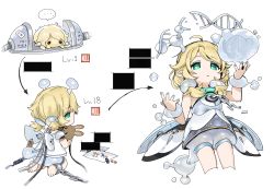 Rule 34 | ..., 1girl, ahoge, bar censor, blonde hair, blush, censored, chain, chained, chain, chibi, child&#039;s drawing, crayon, cropped legs, dna, dot nose, drawing, evolution, green eyes, hair over shoulder, highres, holding, holding stuffed toy, idolmaster, idolmaster cinderella girls, nail polish, no nose, pointy ears, simple background, spawnfoxy, spoken ellipsis, stuffed animal, stuffed rabbit, stuffed toy, tail, twintails, white background, white nails, wings, yusa kozue