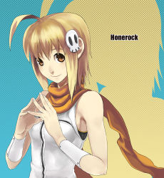 Rule 34 | 1girl, ahoge, armpits, bare shoulders, bezi, blonde hair, blue background, brown eyes, fingers together, hair ornament, looking at viewer, sidelocks, silhouette, simple background, skull hair ornament, smile, solo, sweatband, vest, zoom layer