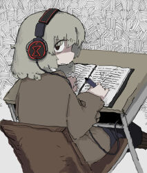 Rule 34 | 1girl, brown hair, clenched teeth, desk, dutch angle, from behind, furrowed brow, glaring, hatching (texture), headphones, highres, holding, holding pen, long sleeves, looking at viewer, looking back, on chair, original, pen, school desk, scowl, shaded face, sitting, solo, tareme, teeth, torosakana, v-shaped eyebrows, writing