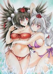 Rule 34 | 2girls, :o, animal ears, arched back, arm up, armpits, bandeau, bare arms, bare legs, bare shoulders, bikini, black hair, black wings, blush, breasts, cameltoe, covered erect nipples, cowboy shot, day, grey hair, hand up, hat, highres, hip focus, hug, inubashiri momiji, large breasts, multiple girls, navel, open mouth, outdoors, pom pom (clothes), purple bikini, red bikini, red eyes, shameimaru aya, short hair, side-tie bikini bottom, side-tie bottom, smile, splashing, standing, stomach, strapless, strapless bikini, swimsuit, tail, thighs, tokin hat, touhou, tube top, twobee, wading, water, wide hips, wings, wolf ears, wolf tail