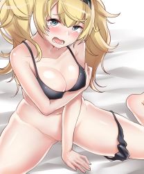 Rule 34 | absurdres, black panties, blonde hair, blue eyes, blush, bra, breasts, cleavage, collarbone, crying, crying with eyes open, gambier bay (kancolle), hairband, highres, kantai collection, kiritto, large breasts, panties, panties around leg, tearing up, tears, twintails, underwear, underwear only