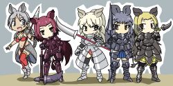 Rule 34 | &gt;:), 5girls, :d, animal ears, armor, armored boots, armored dress, bikini armor, black armor, black rhinoceros (kemono friends), blonde hair, boots, braid, braided ponytail, breastplate, breasts, brown eyes, brown hair, chibi, cleavage, closed mouth, dual persona, extra ears, full body, gauntlets, grey eyes, grey hair, hand up, indian rhinoceros (kemono friends), jewelry, kemono friends, lance, legs apart, long hair, looking at another, looking at viewer, medium breasts, multicolored hair, multiple girls, navel, neck ring, open mouth, pike (weapon), polearm, red hair, rhinoceros ears, rhinoceros girl, shoulder armor, single braid, small breasts, smile, srd (srdsrd01), standing, stomach, sumatran rhinoceros (kemono friends), sumatran rhinoceros (kemono friends) (old design), tail, tan, thighhighs, v-shaped eyebrows, very long hair, weapon, white rhinoceros (kemono friends), wrist wings