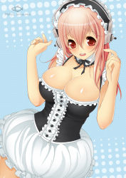 Rule 34 | 1girl, bad id, bad pixiv id, blush, breasts, bubble skirt, cleavage, detached collar, headphones, large breasts, long hair, looking at viewer, maid, maid headdress, nitroplus, official style, open mouth, philomelalilium, pink hair, red eyes, skirt, solo, super sonico