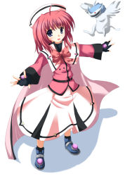 Rule 34 | 00s, 1girl, ahoge, bad anatomy, beret, blue eyes, boots, bow, cape, caro ru lushe, coat, creature, dragon, fingerless gloves, friedrich (nanoha), full body, gloves, hat, kerykeion (nanoha), long hair, looking at viewer, lyrical nanoha, magical girl, mahou shoujo lyrical nanoha, mahou shoujo lyrical nanoha strikers, odaya, odayan, outstretched arms, pink bow, pink hair, poorly drawn, skirt, smile, solo, spread arms, standing, uniform