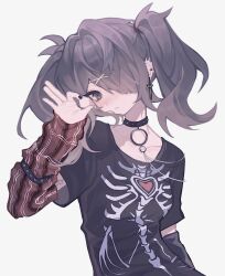 Rule 34 | 1girl, ame-chan (needy girl overdose), arm warmers, black choker, black hair, black shirt, choker, closed mouth, earrings, food, hair ornament, hair over one eye, hand up, highres, holding, holding food, jewelry, long hair, looking at viewer, needy girl overdose, o-ring, o-ring choker, official alternate costume, ok sign, qaz (qa31281914), shirt, simple background, skeleton print, solo, sugar cube, t-shirt, twintails, upper body, x hair ornament