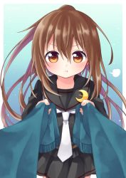 Rule 34 | 1girl, :t, puff of air, black sailor collar, black skirt, blue scarf, brown eyes, brown hair, commentary request, commission, fumizuki (kancolle), hair between eyes, holding, holding clothes, holding scarf, kantai collection, long hair, long sleeves, looking at viewer, nagasioo, neckerchief, pleated skirt, ponytail, pout, sailor collar, scarf, school uniform, serafuku, simple background, skeb commission, skirt, solo, very long hair, white neckerchief