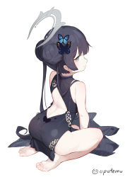 Rule 34 | 1girl, absurdres, ass, back, barefoot, black dress, black hair, blue archive, blush, butterfly hair ornament, china dress, chinese clothes, double bun, dragon print, dress, feet, from behind, gloves, grey eyes, hair bun, hair ornament, halo, highres, jacket, kisaki (blue archive), long hair, looking at viewer, nijiko uro, pillow, print dress, seiza, simple background, sitting, sleeveless, sleeveless dress, soles, solo, spread legs, striped clothes, striped jacket, thighs, toes, twintails, twitter username, vertical-striped clothes, vertical-striped jacket
