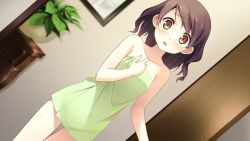 Rule 34 | 1girl, blush, brown eyes, brown hair, collarbone, dutch angle, game cg, hirosaki kanade, kantoku, looking at viewer, naked towel, non-web source, parted lips, solo, surprised, thigh gap, towel, your diary