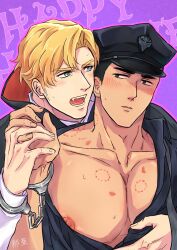 2boys ao_isami bara bare_pectorals bite_mark bite_mark_on_chest bite_mark_on_neck black_hair blonde_hair blue_eyes blush brown_eyes commentary_request cuffs facial_hair fangs grabbing_from_behind handcuffs happy_halloween hat highres holding_hands large_pectorals lewis_smith male_focus multiple_boys muscular muscular_male naalseaka nipple_slip nipples official_alternate_costume open_clothes open_mouth pectorals police police_uniform purple_background shared_handcuffs short_hair sideburns_stubble stubble upper_body vampire_costume yaoi yuuki_bakuhatsu_bang_bravern