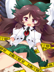 Rule 34 | 1girl, :d, alternate eye color, arm cannon, bird wings, black wings, blush, bow, brown hair, cape, caution tape, collared shirt, commentary request, control rod, cowboy shot, flat chest, frilled shirt collar, frills, green bow, green skirt, hair bow, long hair, looking at viewer, looking down, muuba, navel, no panties, open mouth, pink eyes, puffy short sleeves, puffy sleeves, reiuji utsuho, rock, shirt, short sleeves, skirt, smile, solo, third eye, touhou, weapon, white cape, white shirt, wings