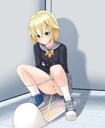 Rule 34 | 1girl, bar censor, blonde hair, blush, censored, green eyes, highres, panties, panty pull, peeing, pussy, restroom, shino (pixiv7784246), shoes, skirt, socks, solo, squat toilet, squatting, toilet, toilet use, underwear