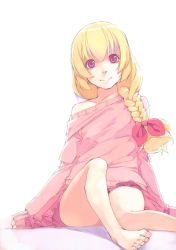 Rule 34 | 1girl, aikatsu!, aikatsu! (series), akinbo (hyouka fuyou), barefoot, blonde hair, bow, braid, braided ponytail, feet, hair between eyes, hair bow, hair over shoulder, highres, hoshimiya ichigo, long hair, looking at viewer, miniskirt, off-shoulder, off-shoulder sweater, off shoulder, pink skirt, pink sweater, pleated skirt, red bow, red eyes, simple background, single braid, sitting, skirt, smile, solo, sweater, toes, white background