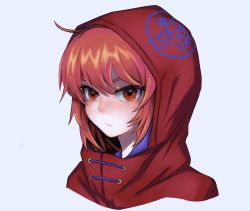 Rule 34 | adapted costume, blush, closed mouth, commentary request, dullahan, highres, looking at viewer, portrait, red eyes, red hair, red hood, sekibanki, short hair, simple background, touhou, white background, yonoisan