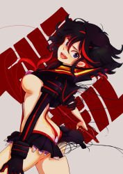 10s 1girl ass bad_id bad_pixiv_id black_hair blue_eyes breasts butt_crack female_focus gloves happy highres katana kill_la_kill large_breasts legs long_hair matoi_ryuuko open_mouth revealing_clothes rotte_(nuuum) senketsu short_hair sideboob smile solo suspenders sword teeth tongue weapon