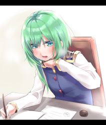 Rule 34 | 1girl, asymmetrical hair, blue eyes, blue vest, blush, green hair, highres, letterboxed, long sleeves, mappe (778exceed), open mouth, paper, shiki eiki, sitting, solo, sweat, touhou, upper body, vest, writing