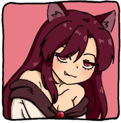 Rule 34 | 1girl, :3, animal ears, breasts, brooch, cleavage, collarbone, dress, imaizumi kagerou, jewelry, long hair, lowres, off-shoulder dress, off shoulder, ramnik5, red eyes, red hair, simple background, smug, solo, tongue, tongue out, touhou, white dress, wolf ears, wolf girl