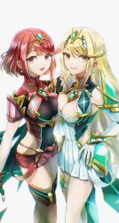 Rule 34 | 2girls, blonde hair, breasts, gari osushi, highres, large breasts, multiple girls, mythra (xenoblade), pyra (xenoblade), red eyes, red hair, simple background, white background, xenoblade chronicles (series), xenoblade chronicles 2, yellow eyes